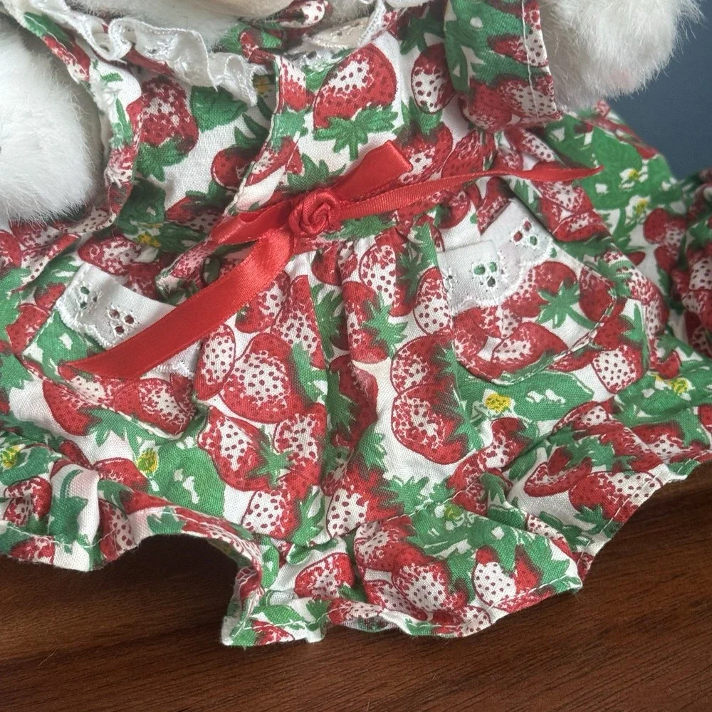 Vintage 1994 Hosung Bunny Rabbit Hand Puppet Plush Strawberry Dress Straw Hat